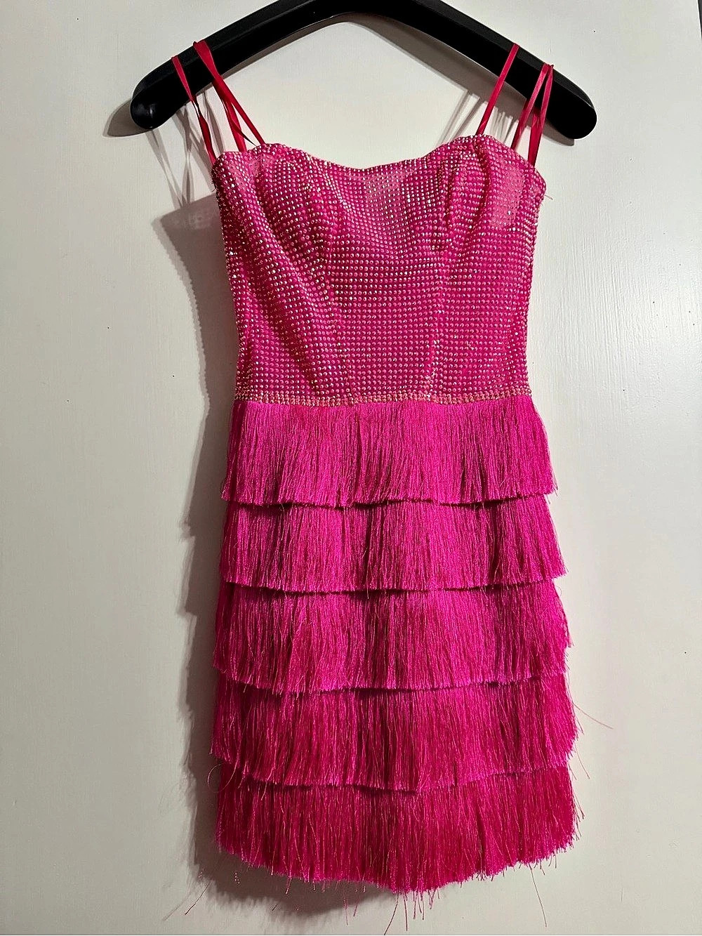 LA Femme 32622- Fuchsia Fringe Mini Dress